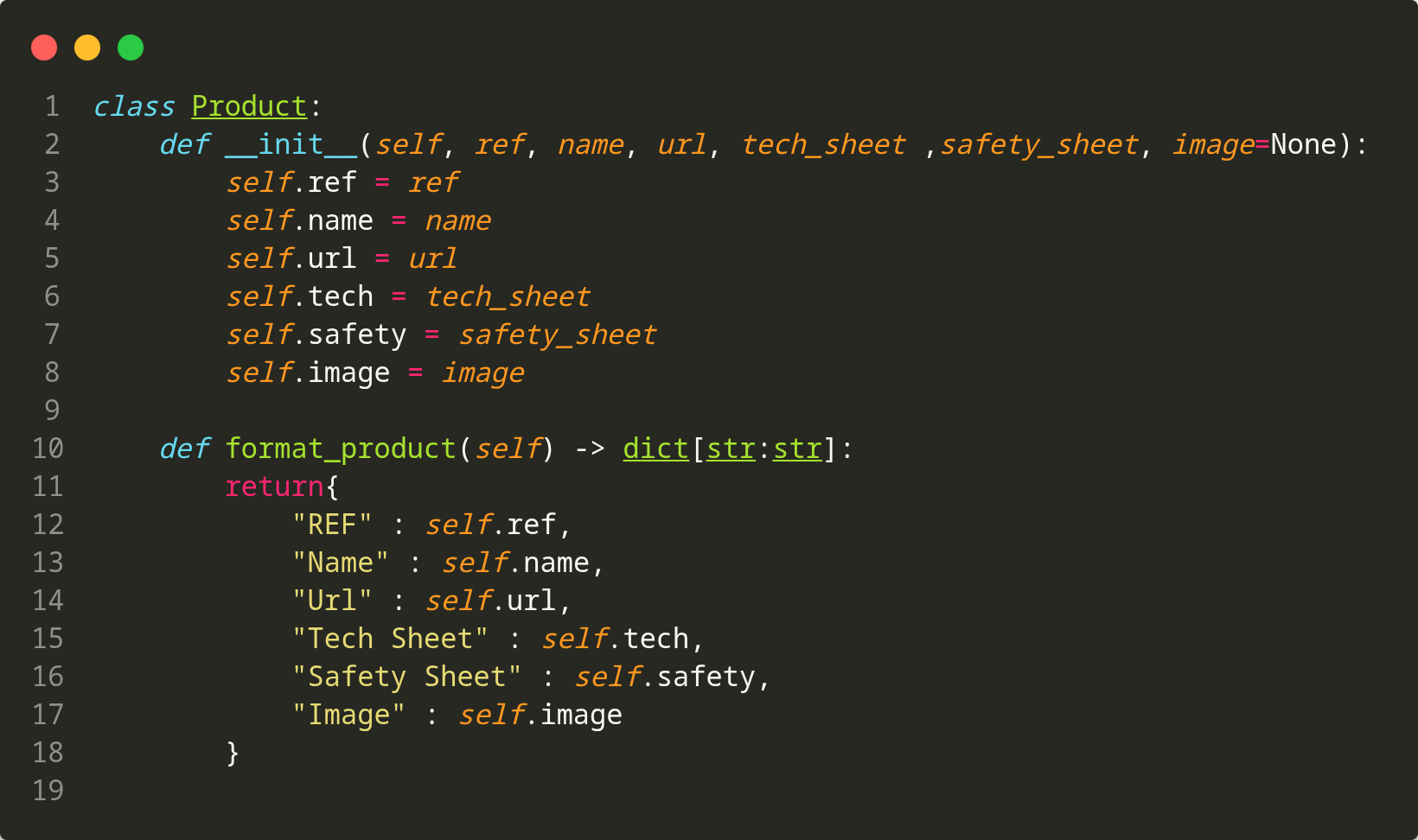 Extrait de code Python d'une classe Product pour structurer les données extraites des fichiers techniques